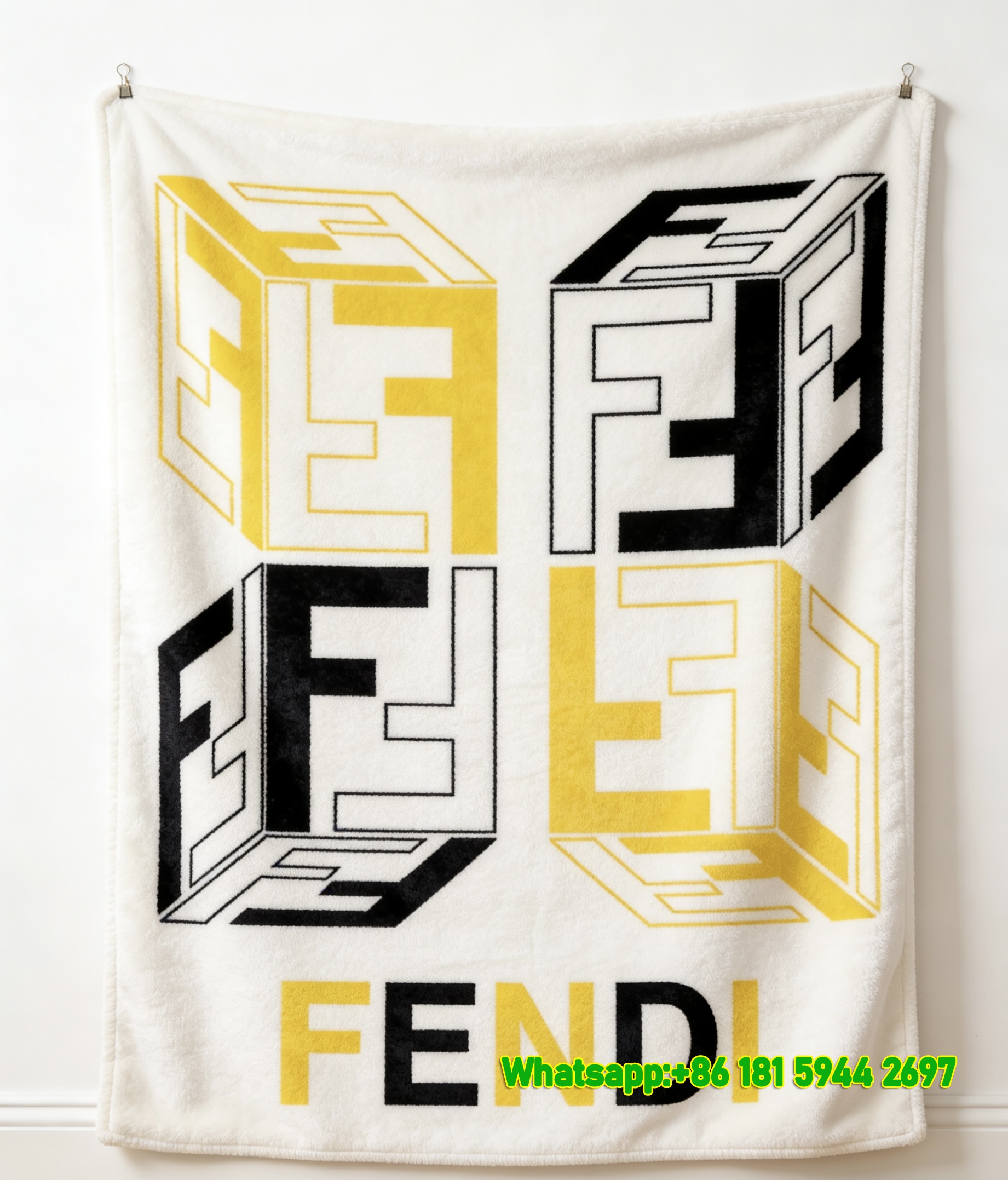 Fendi Yellow & Black 3D Cube FF Monogram Flannel Throw Blanket IMG_9495